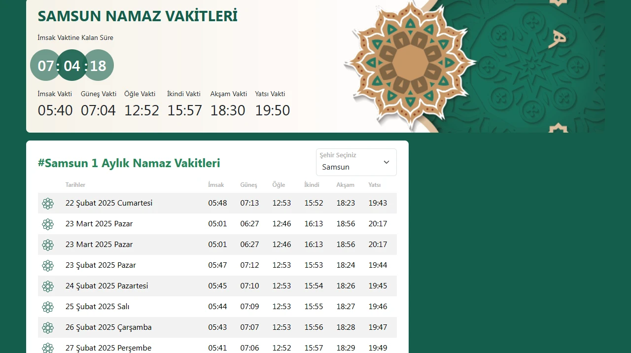 Samsun'da 2025 İmsakiye ve Namaz Vakitleri, Sahur Vakti, İftar Vakti Zamanı